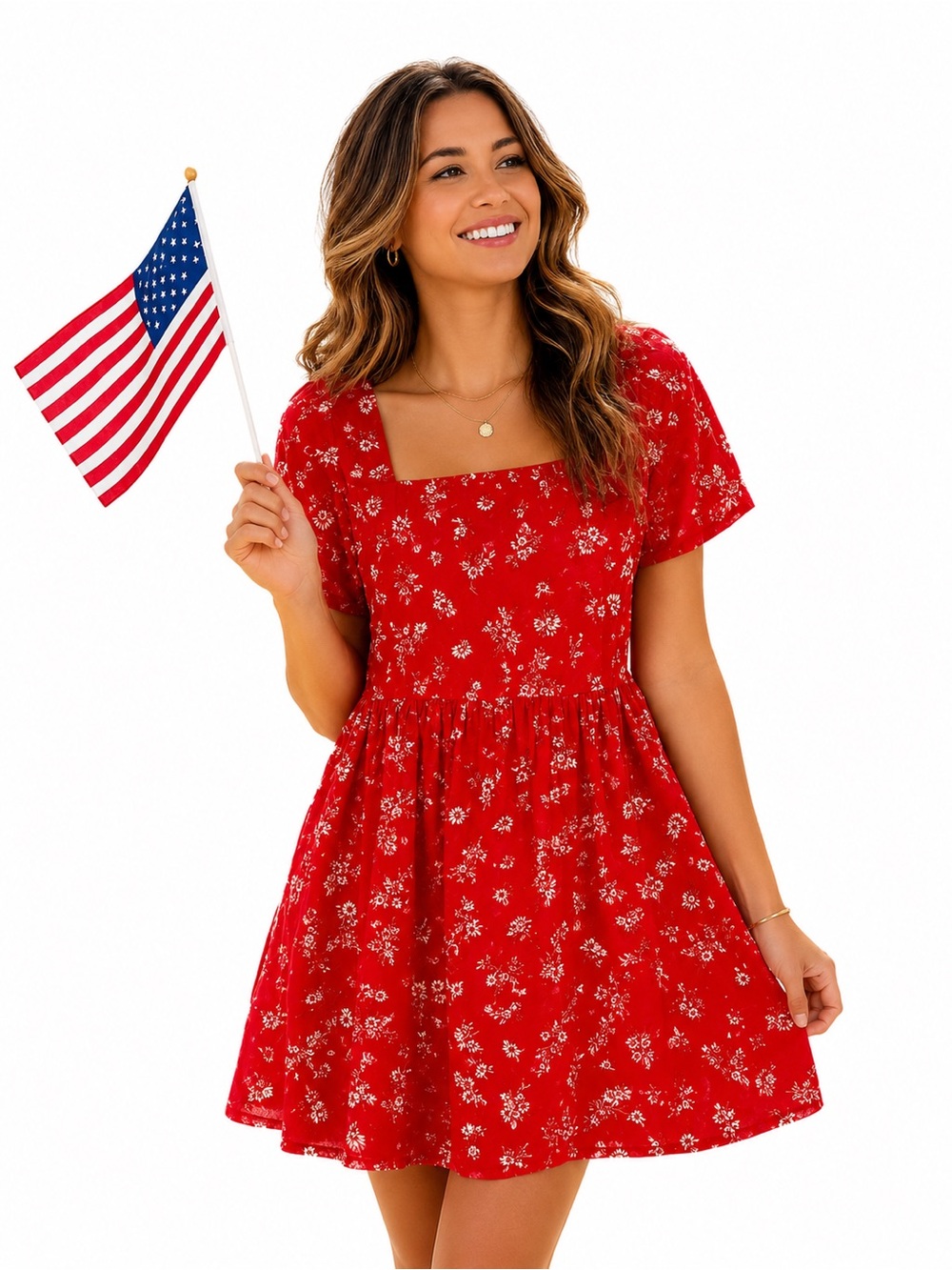 Madewell Red Floral Mini Dress XS Square Neck Cottagecore Babydoll Cotton Summer